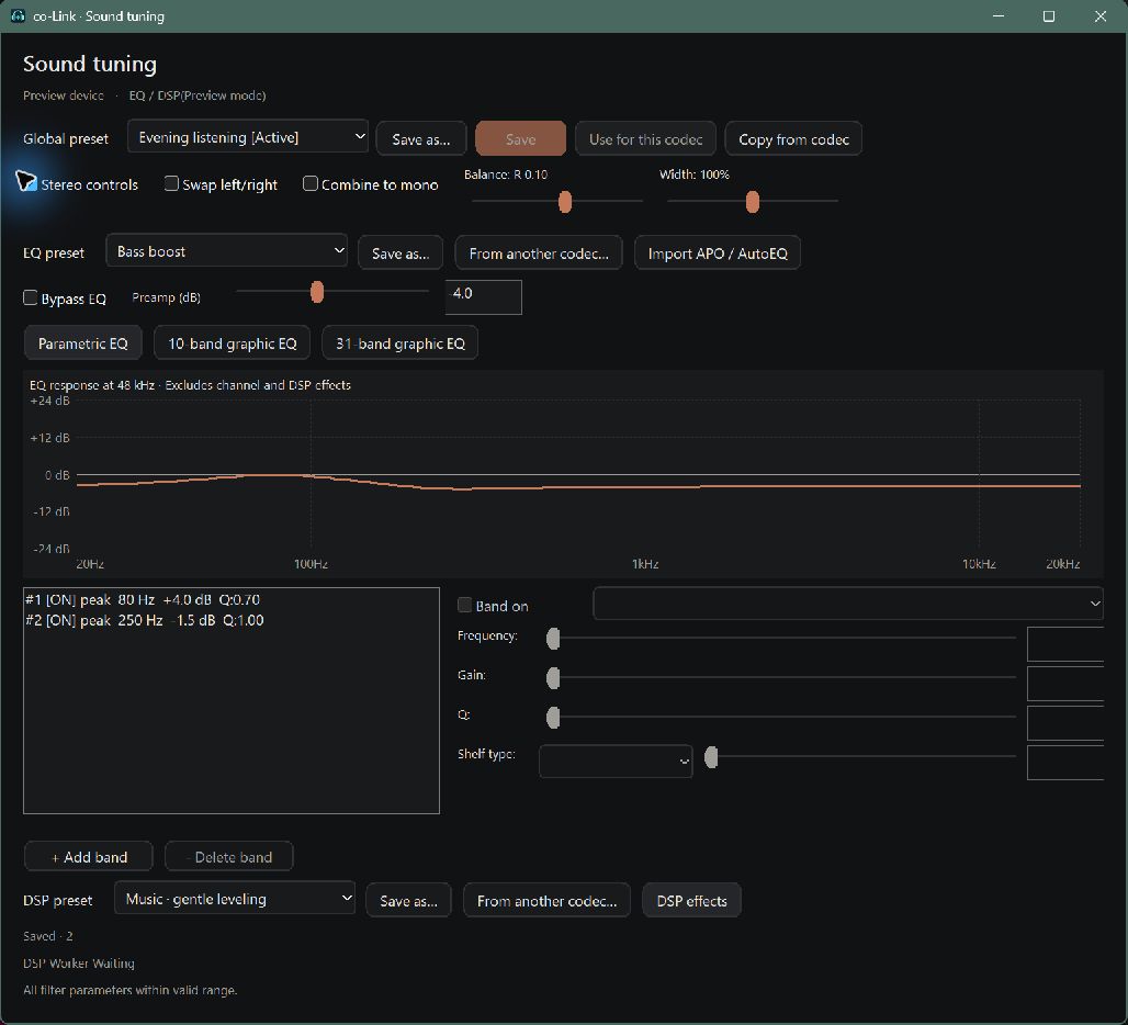 co-Link sound tuning: Global, EQ and DSP presets